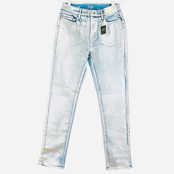 a.n.a. Women's High-Rise Straight Stretch Metallic Effect Silver Jeans Sz 2 NWT - Picture 1 of 15